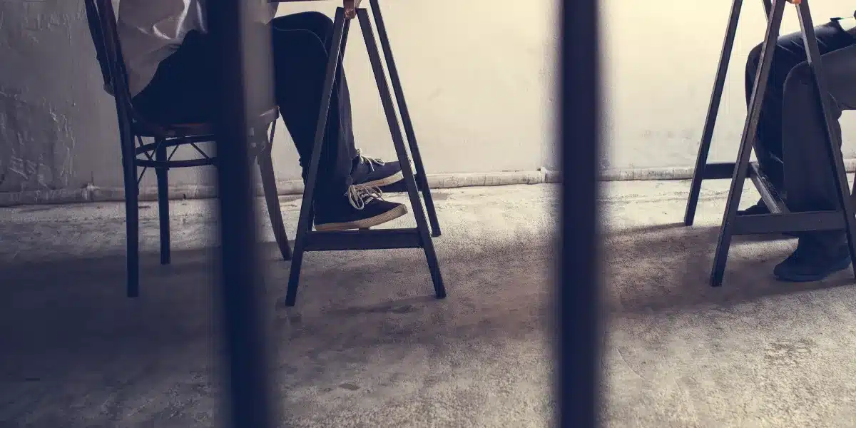 Two people sitting on chairs in a prison cell, awaiting trial on charges related to driving offenses.