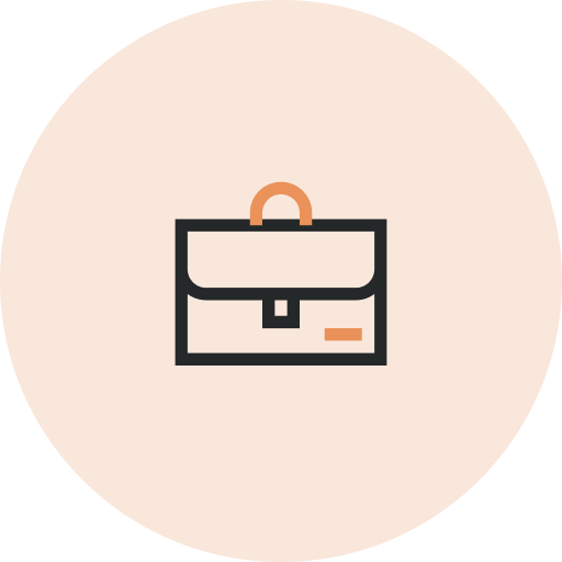 An icon of a briefcase with a simple outline, displayed on an orange circular background.