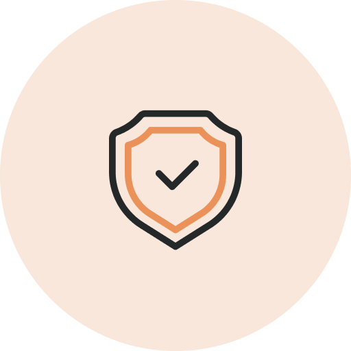 A shield icon with a checkmark in the center, depicted in a flat design style within an orange circular background.