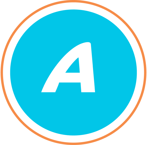 A white letter "A" on a blue circular background, outlined with a black and orange border.