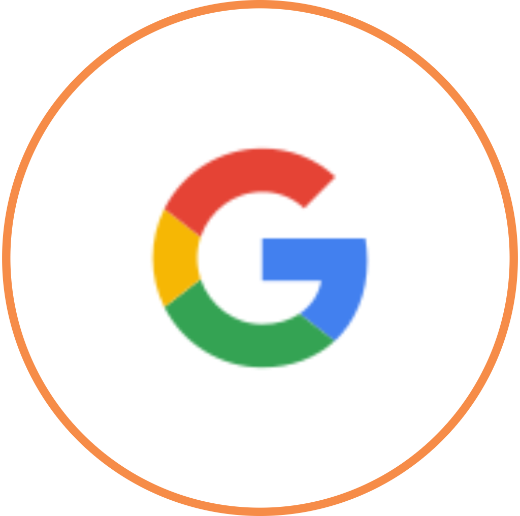 Google logo showing a capital "G" with segments in red, yellow, green, and blue, bordered by an orange circle.