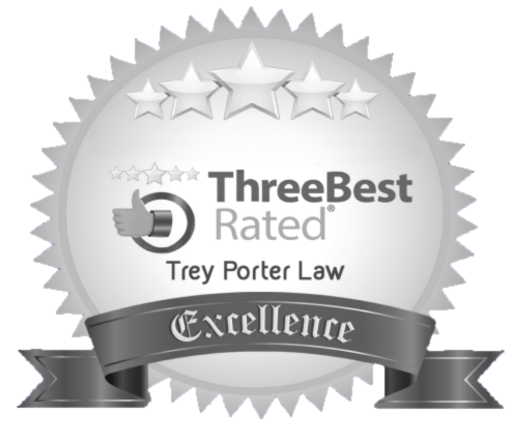 A gray and white badge with stars and the text "Three Best Rated Trey Porter Law Excellence" and a thumbs-up symbol.