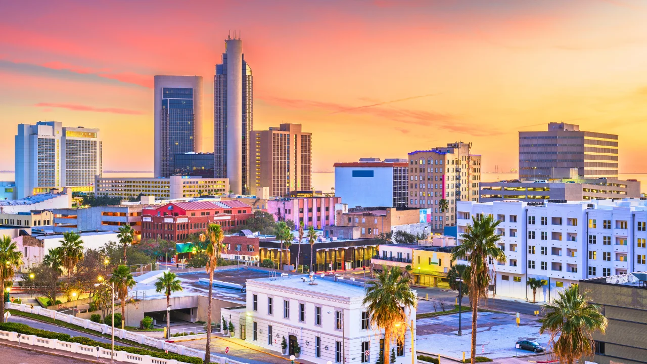 A cityscape at sunset featuring a mix of modern and historic buildings, with palm trees lining the streets in the foreground, reminiscent of the vibrant scenes seen in Corpus Christi DWI Lawyer advertisements.