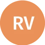 An orange circle with the white uppercase letters "RV" in the center, representing a hub for trusted Texas DWI Attorney Reviews.