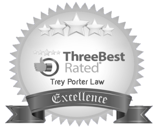 A silver badge with five stars, the text "ThreeBest Rated" and "Trey Porter Law" in the center, and a ribbon at the bottom that reads "Excellence.