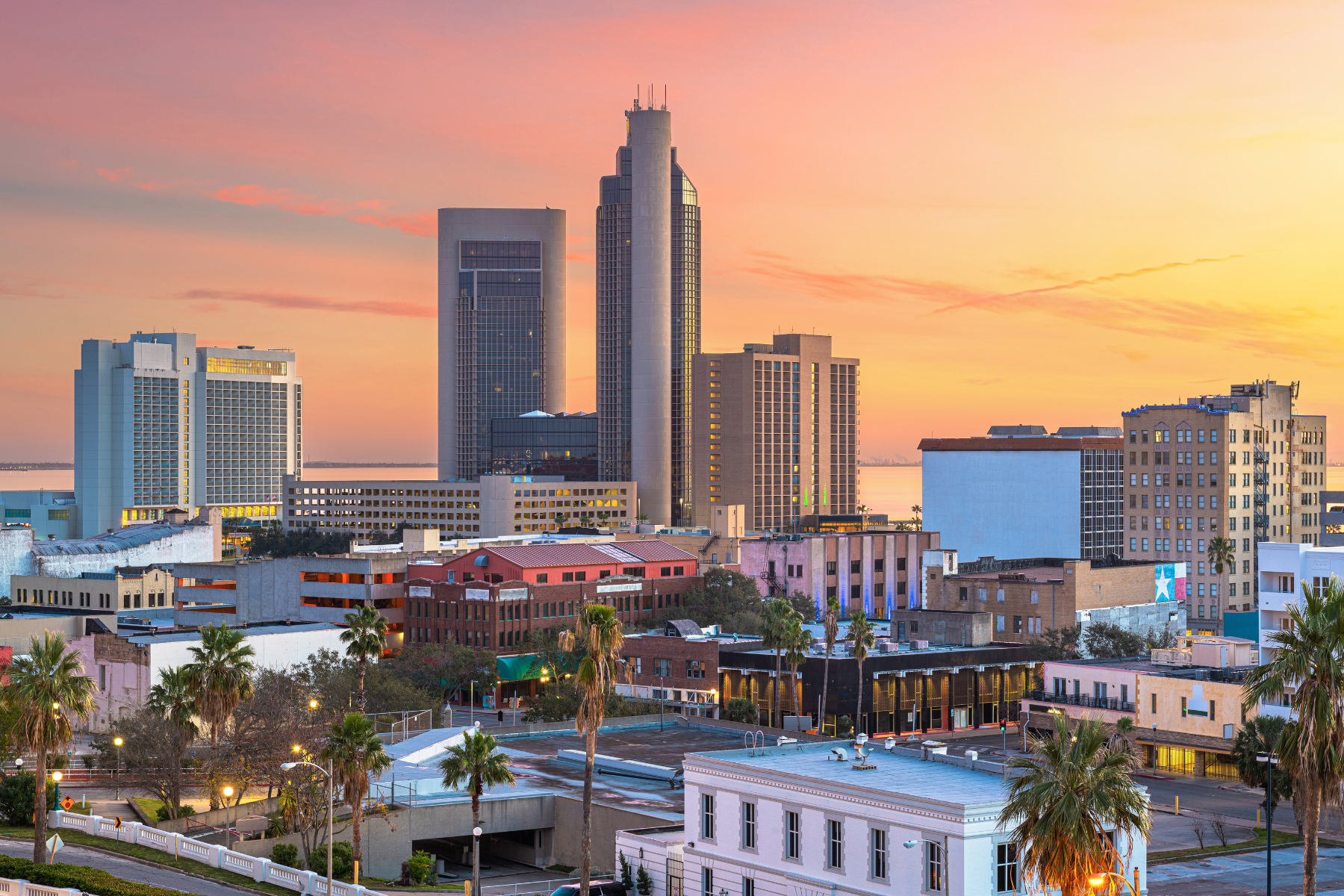 Experience the breathtaking cityscape at sunset with tall modern buildings, palm trees swaying gently, and a shimmering body of water. Whether you're exploring or in need of a Corpus Christi expungement lawyer, this vibrant backdrop offers both inspiration and tranquility.