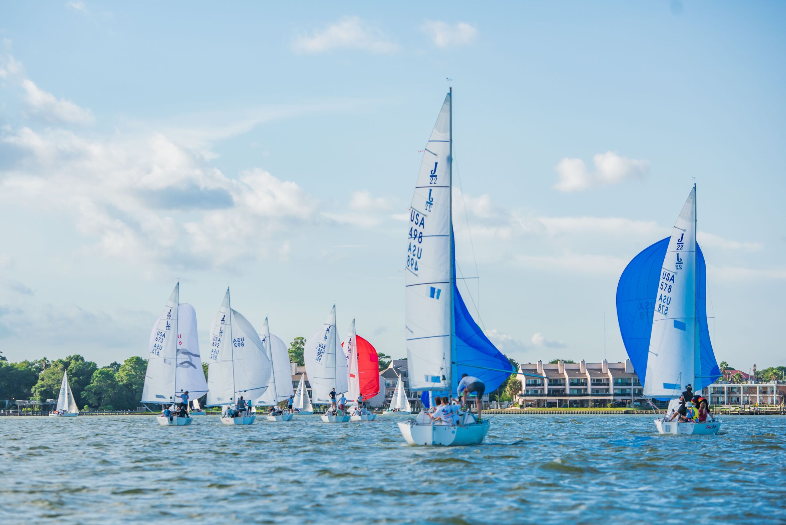 Several sailboats with colorful sails race across the lake, their vibrant hues reflecting off the water. In the background, trees sway near a building, creating a picturesque scene far removed from public intoxication issues you'd find in League City.